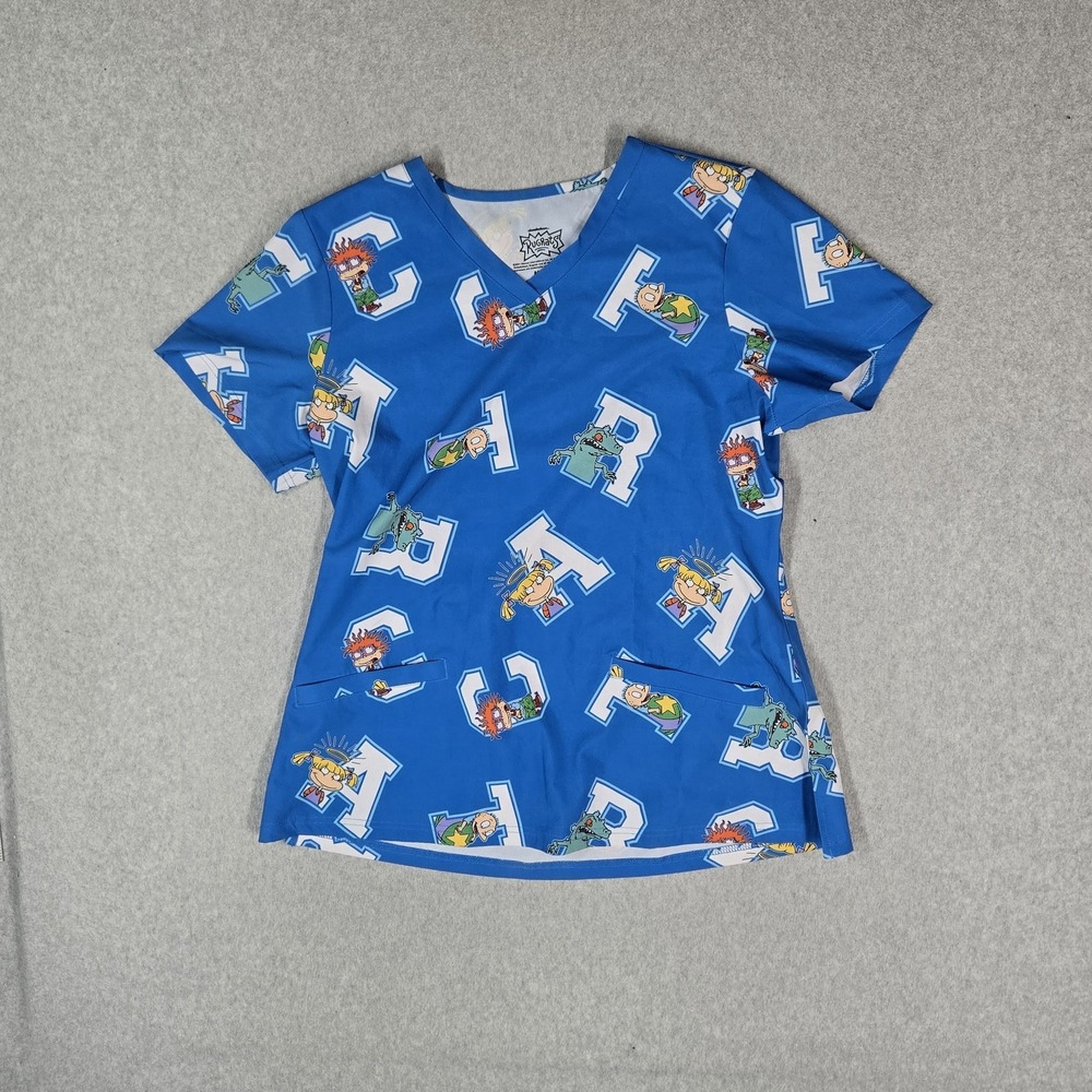 Rugrats Women Scrub Top M Blue Graphic Rugrats Tee Logo Short Sleeve
